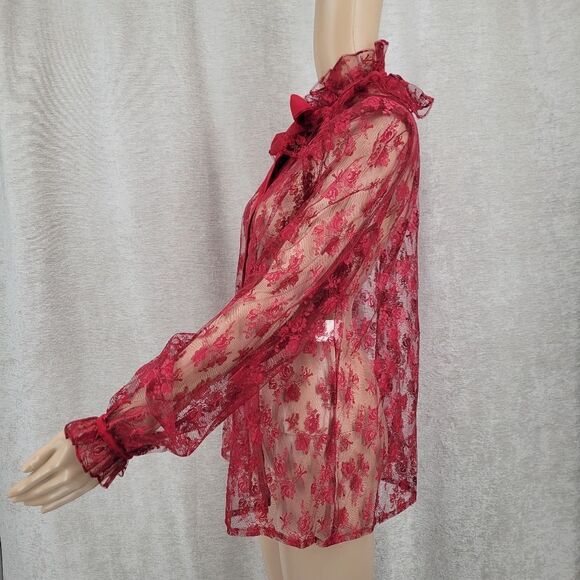 French Cherry Red See Through Lace Coquette Girl Long Sleeves Top Jacket - Picture 10 of 15